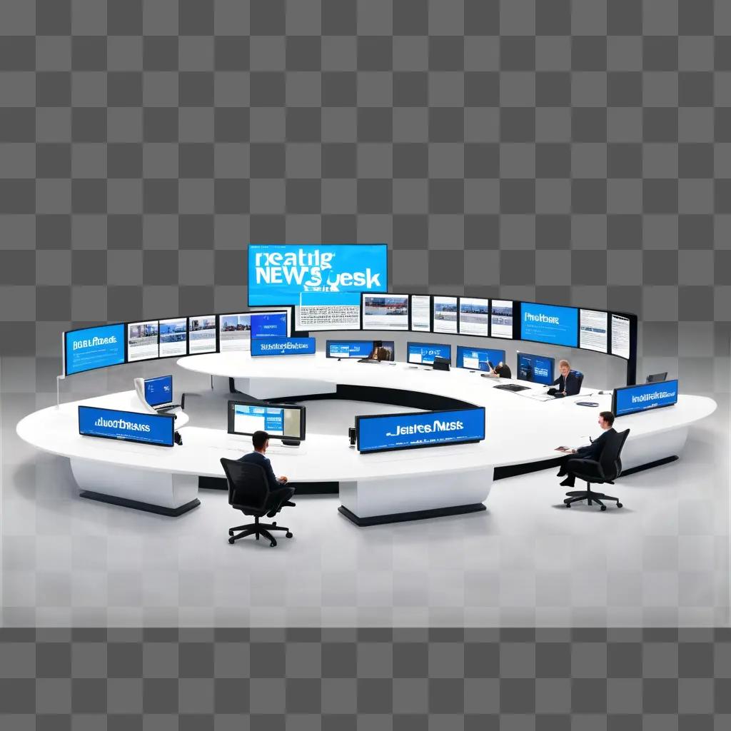 news desk with multiple monitors and screens