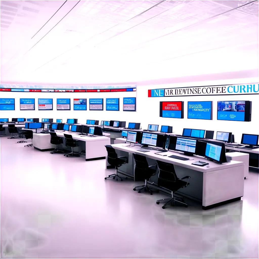 news desk with several computer monitors and chairs