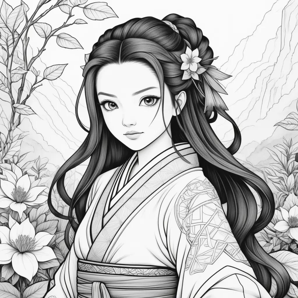 nezuko coloring pageは、山々を背景に、日本の伝統的な衣装を着て、髪に花をつけた少女をフィーチャーしたデジタルアート作品です
