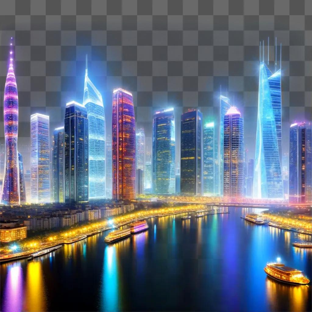 nighttime cityscape with colorful buildings and lights