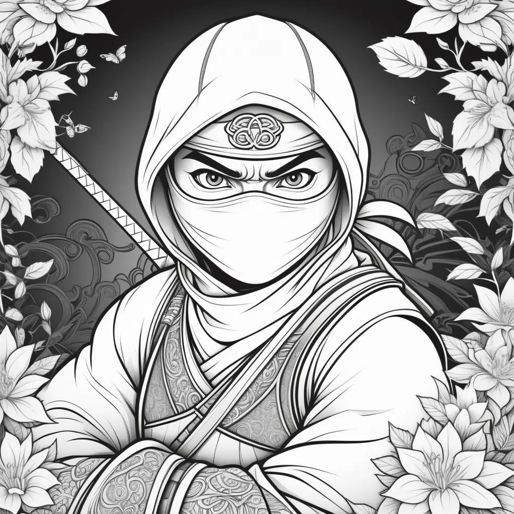 ninja coloring page with a black and white background