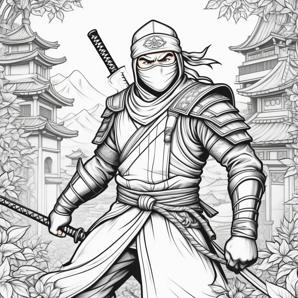 ninja coloring page with a black and white illustration