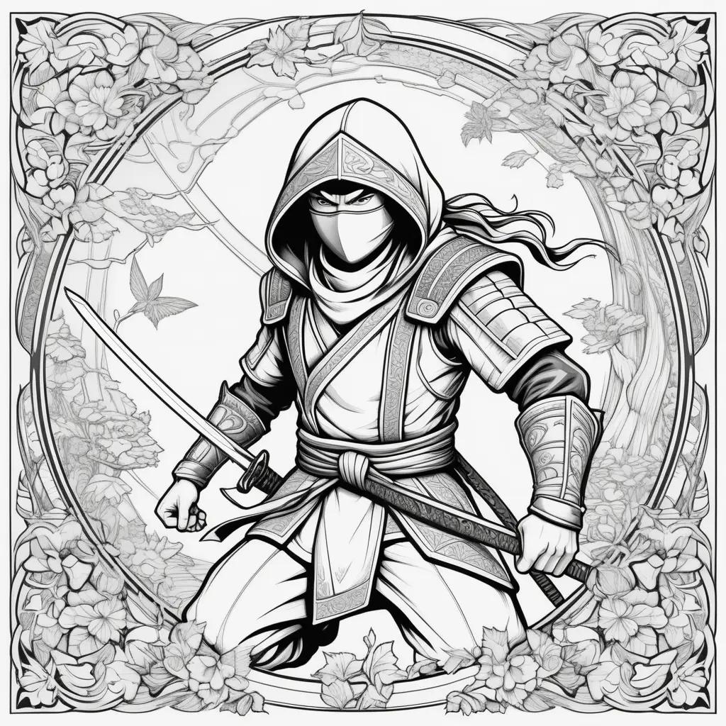 ninja coloring page with a sword and a mask