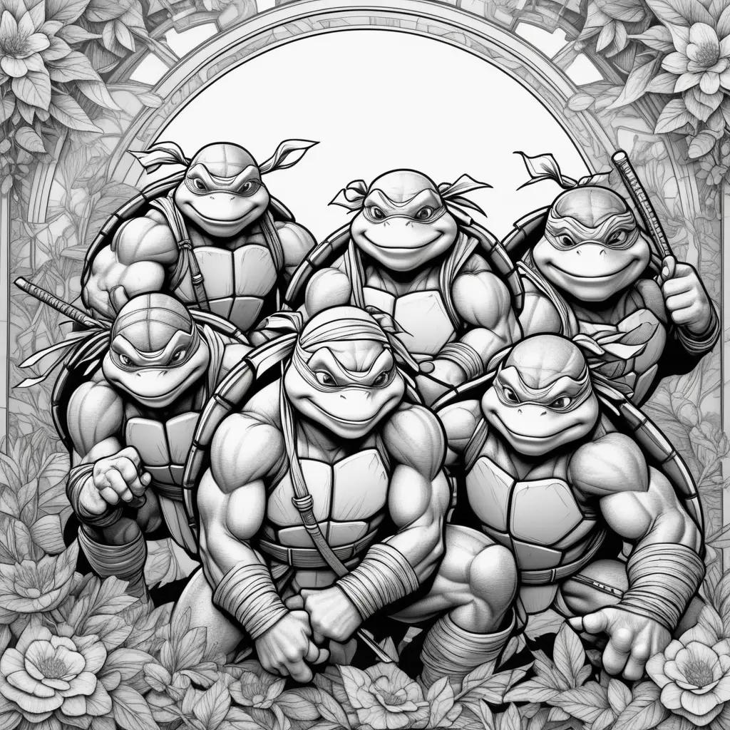 ninja turtles coloring page with six turtles in a circle