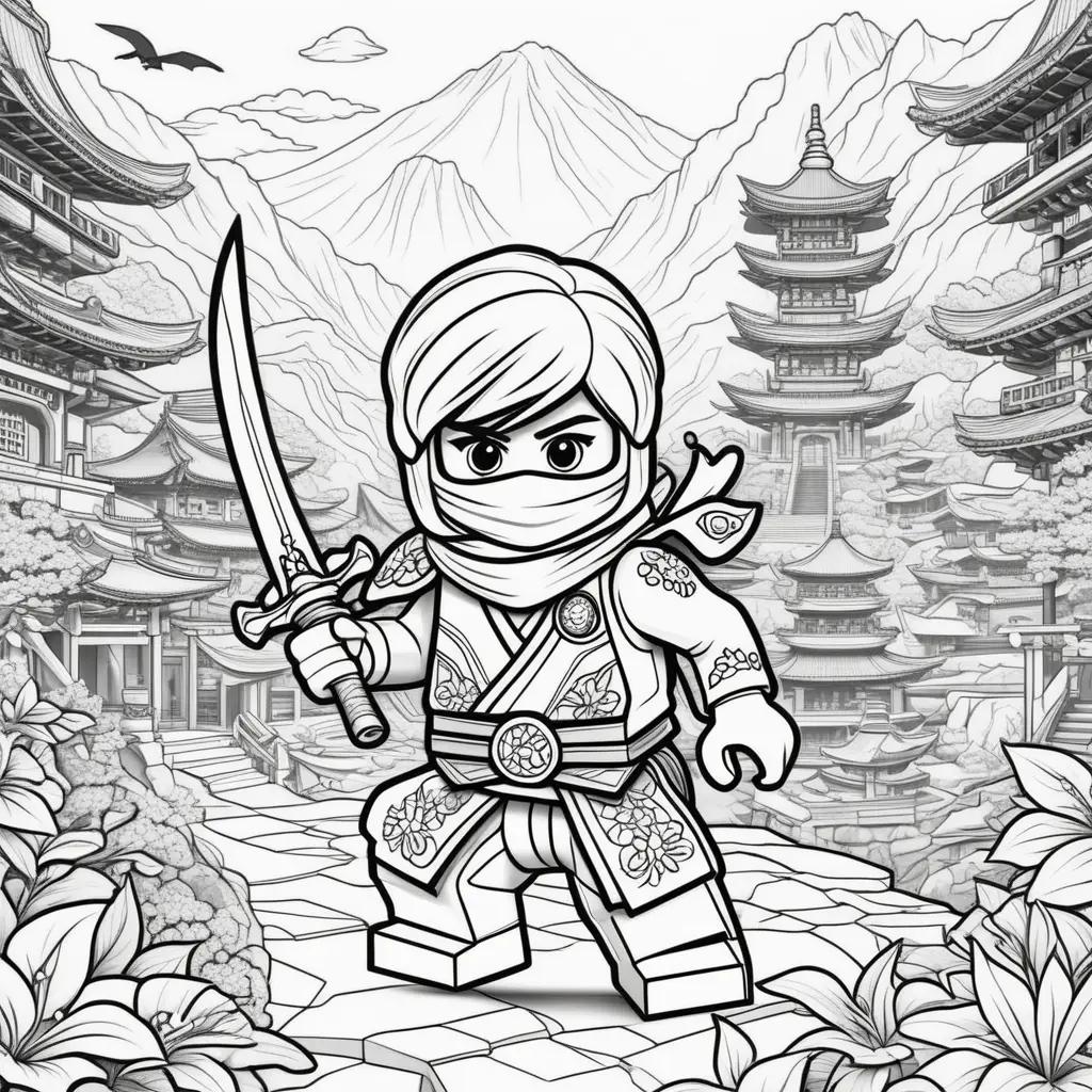 ninja warrior coloring page with a black and white background