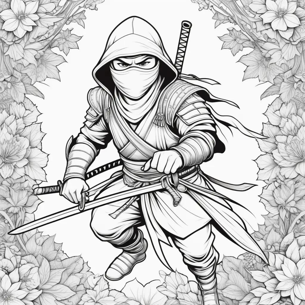 ninja with a sword and mask in a flower-filled frame