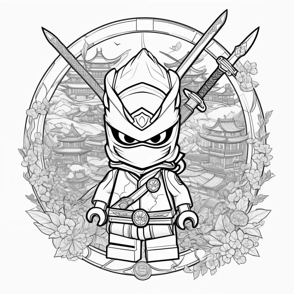 ninja with swords and flowers on a coloring page