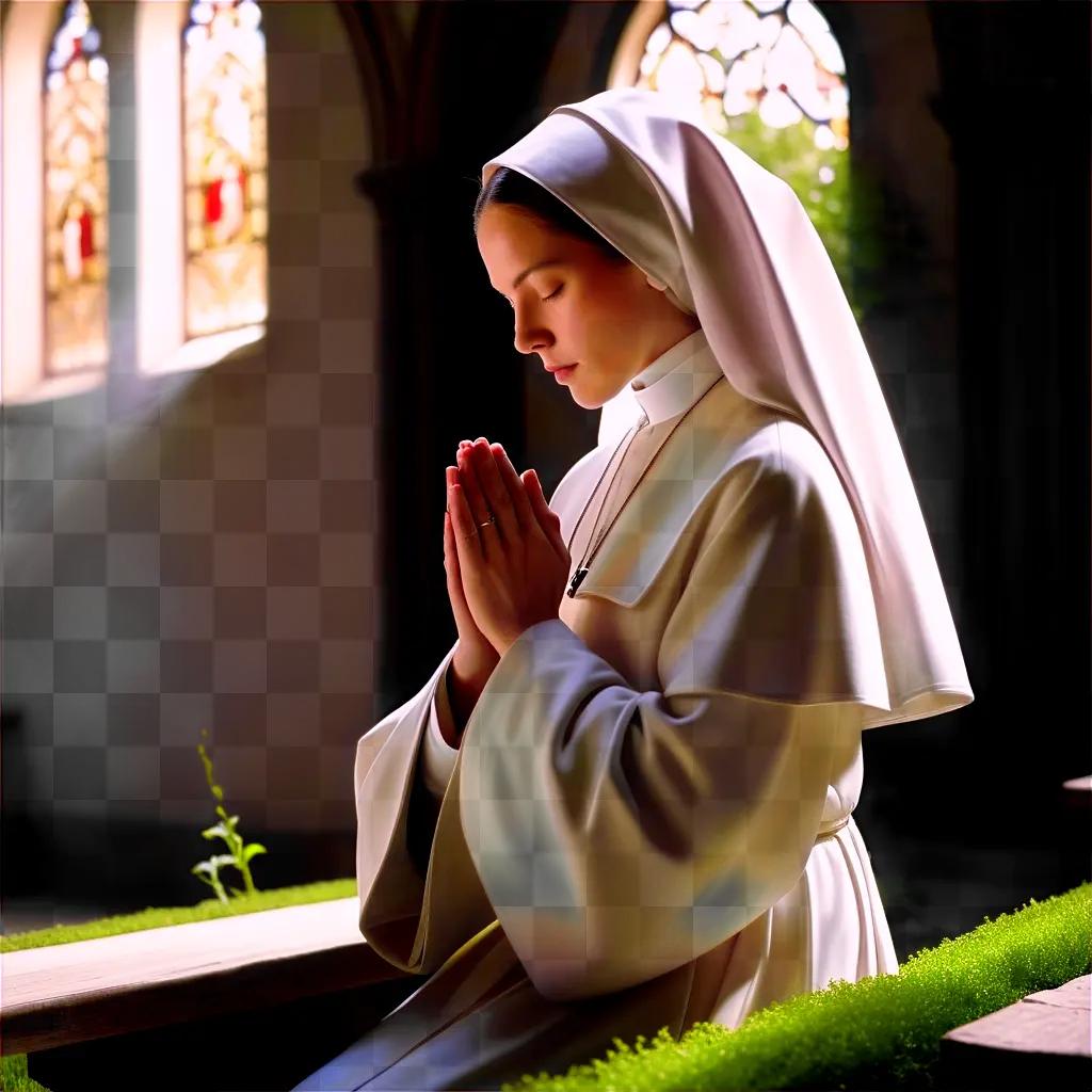 nun in prayer in a church