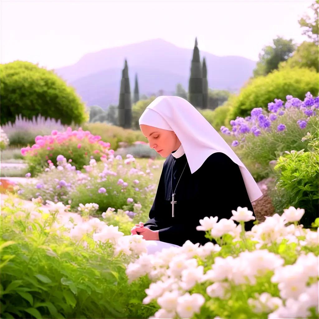 nun sits in a garden surrounded by flowers