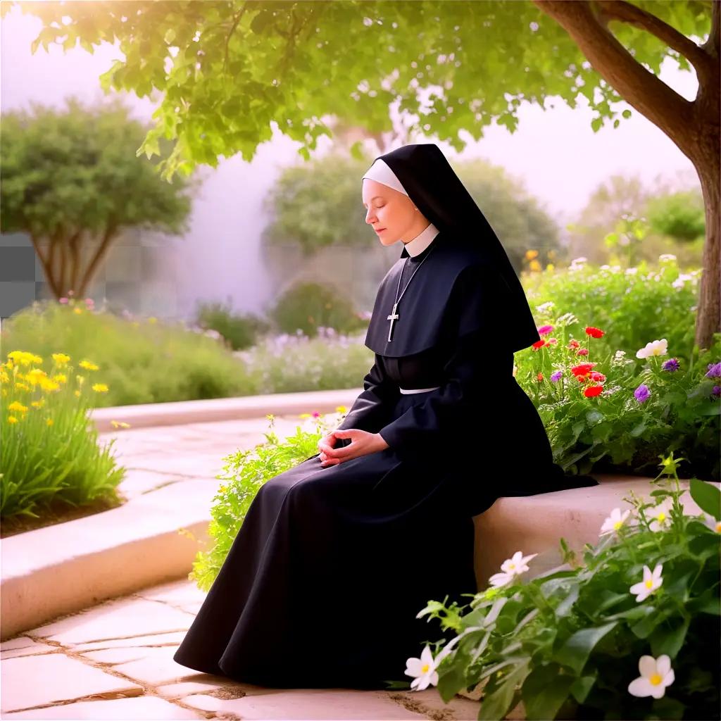 nun sits in a garden with a cross on her chest