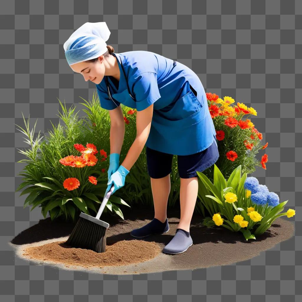 nurse scrubbing dirt from a flower bed