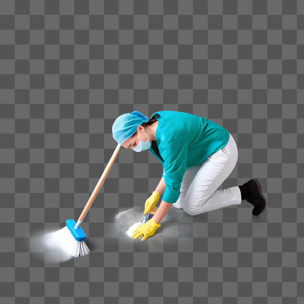 nurse scrubbing the floor with a broom