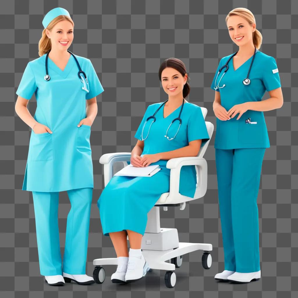 nurse sitting on a white chair in a blue uniform