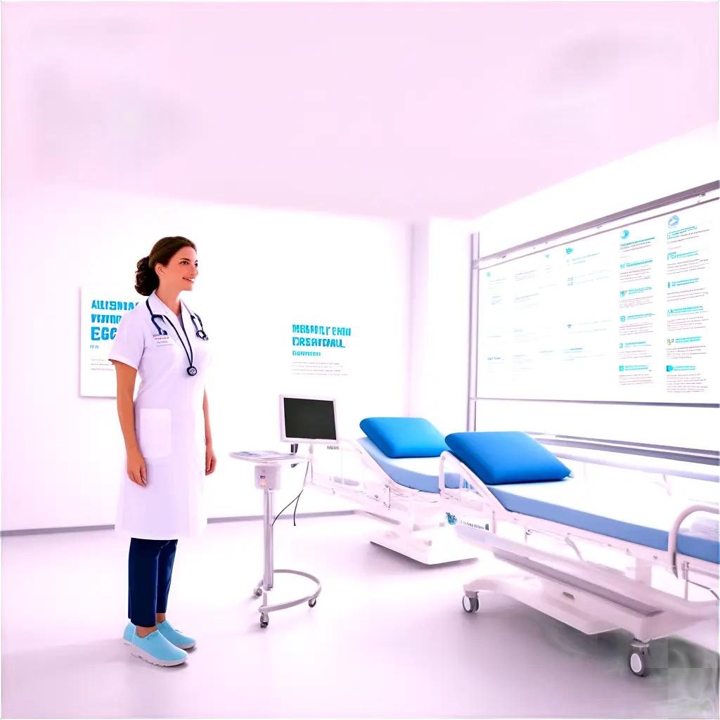 nurse wearing a white coat stands in a transparent room