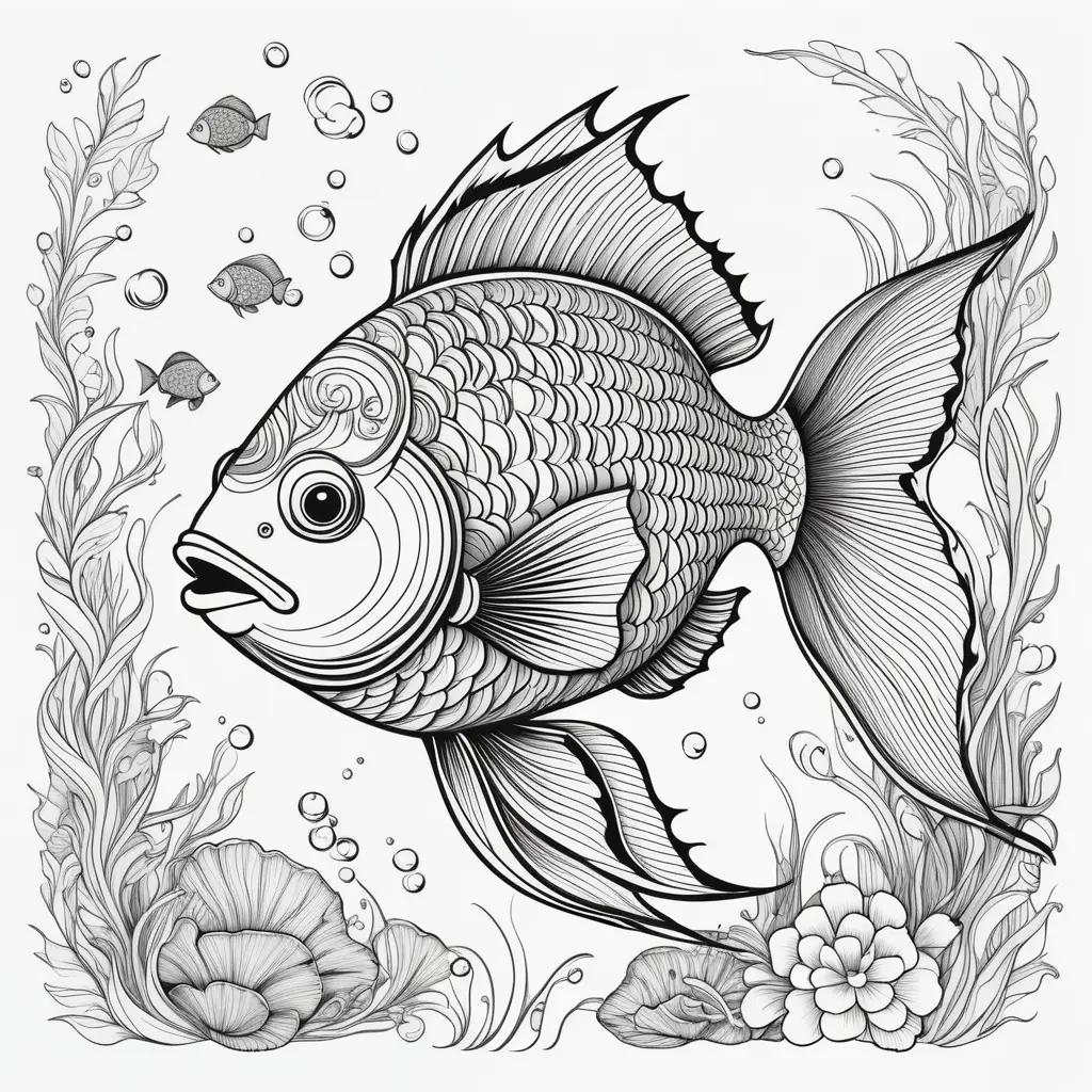 ocean scene with fish and sea plants in a black and white coloring page