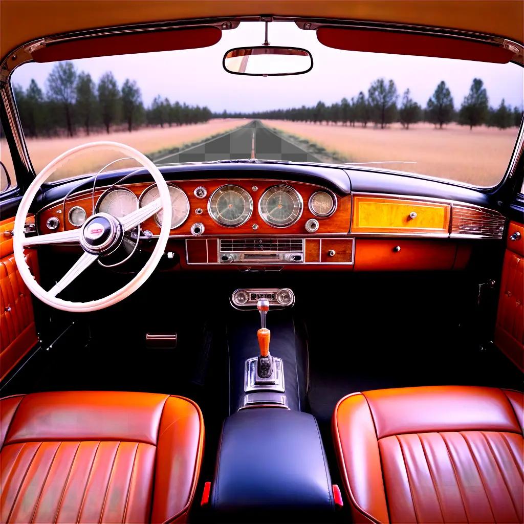 An old-fashioned car interior with wood trim and leather seats