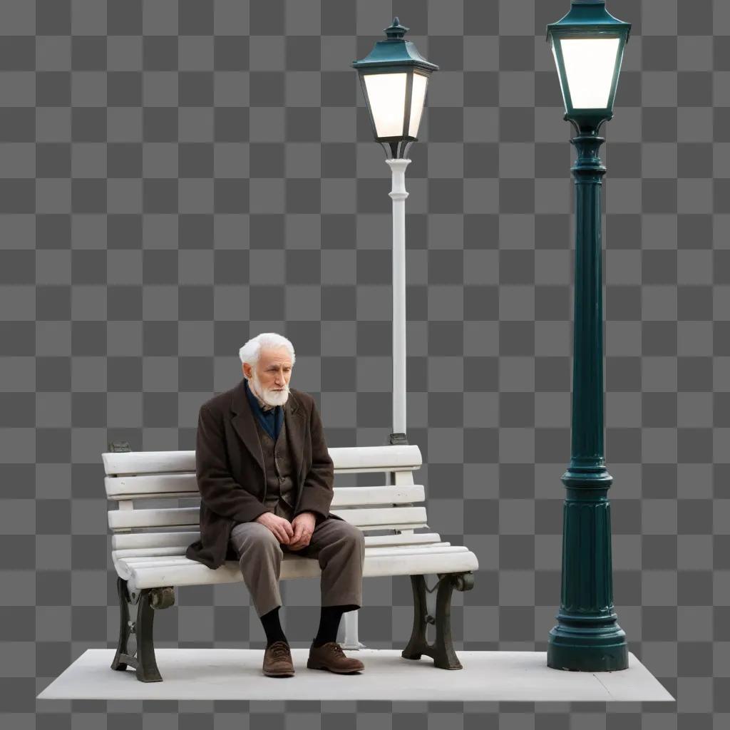 old man sits on a bench in front of a street lamp