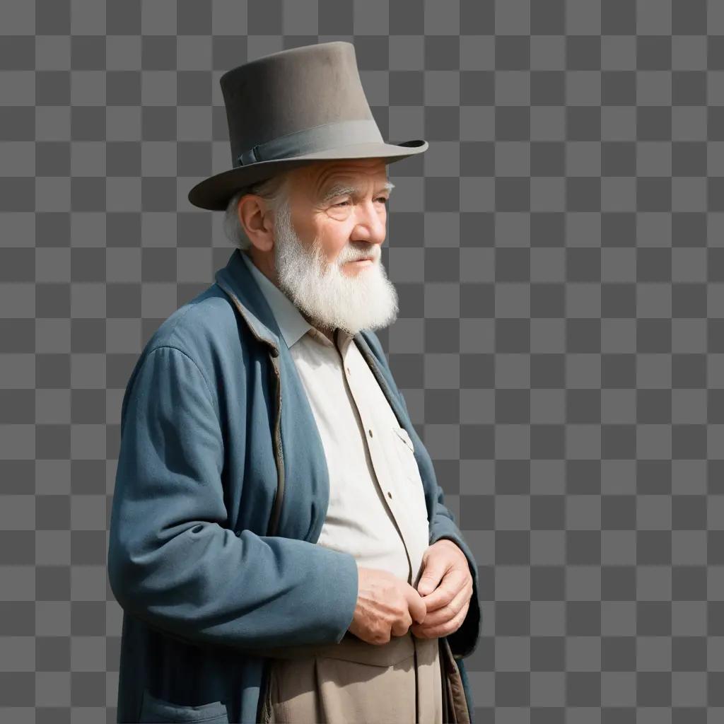 old man wearing a blue jacket and a hat