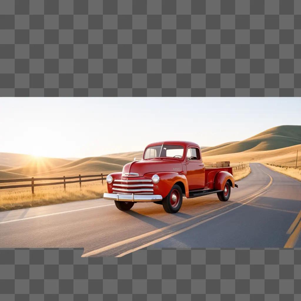 old truck drives along a country road on a sunny day