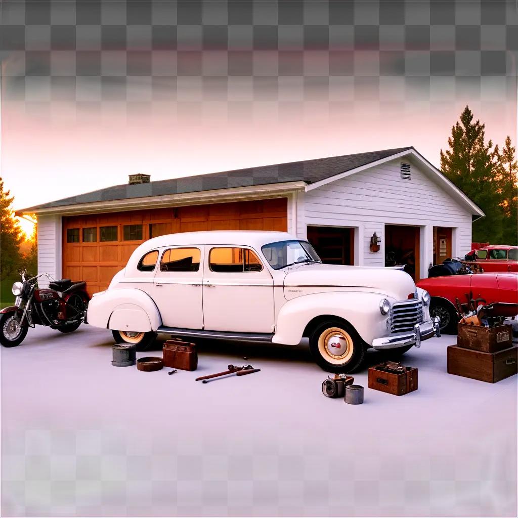 old white car parked in a garage