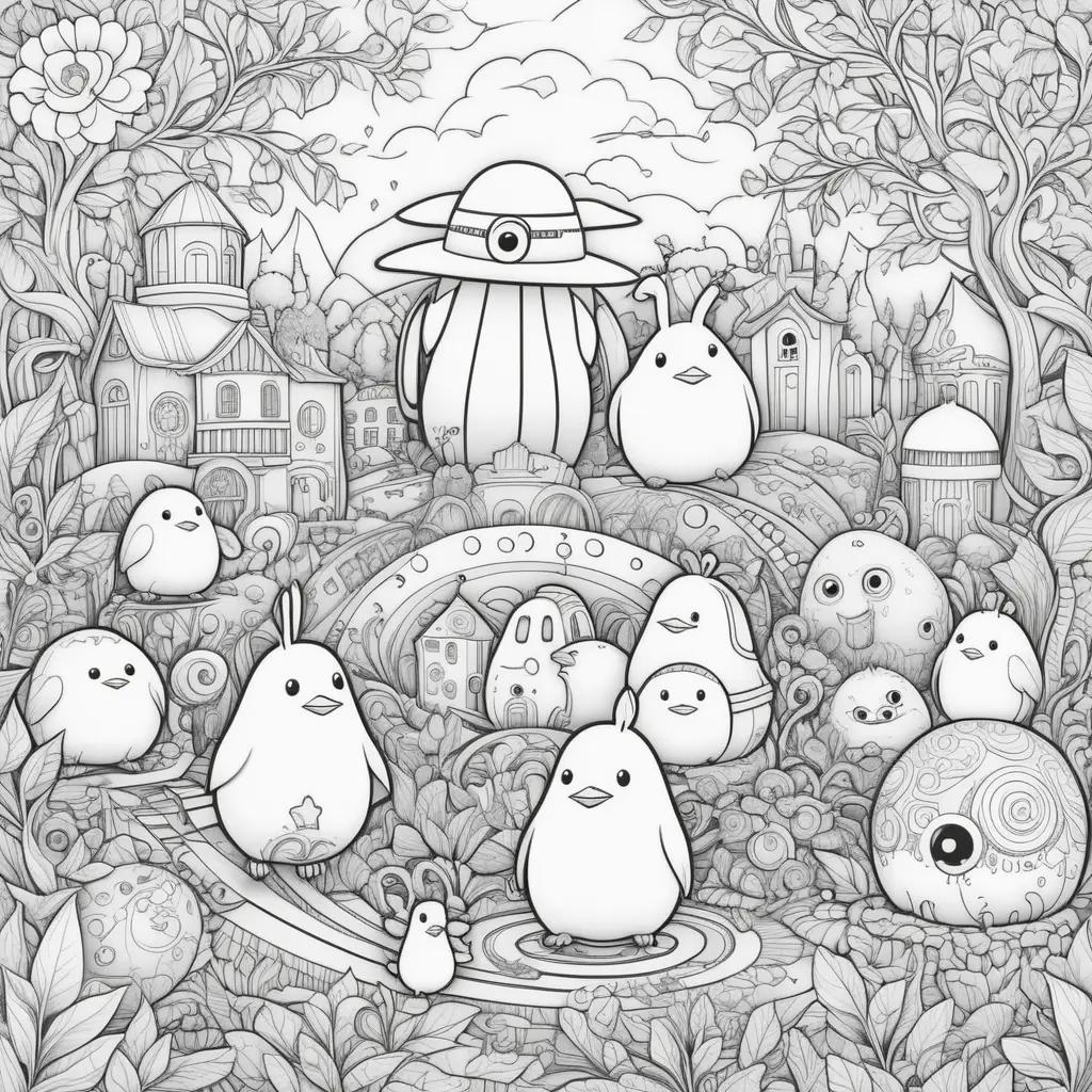 ong Us Coloring Page: A colorful illustration of a group of birds in the forest