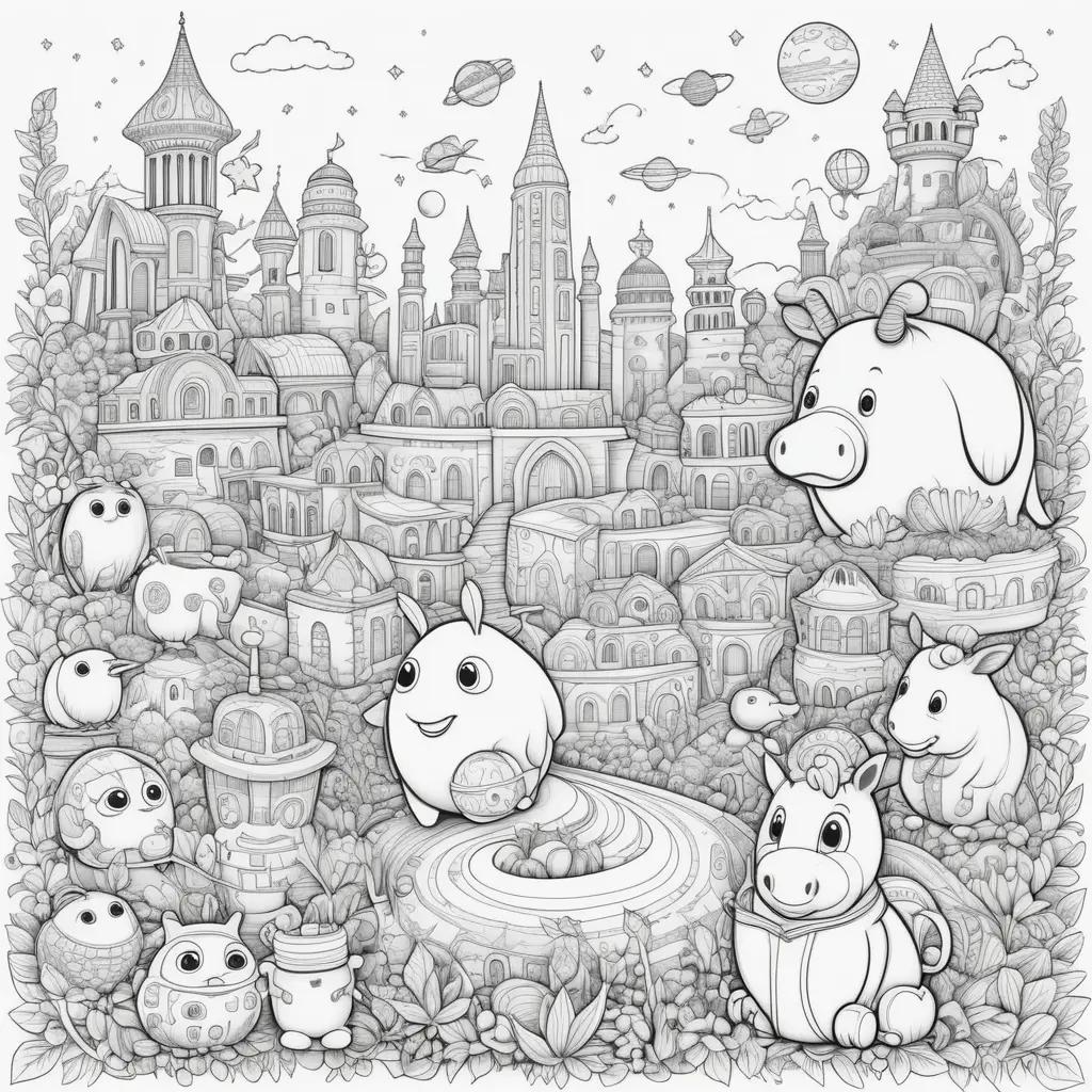 ong Us Coloring Page: Cartoon Animals and Buildings