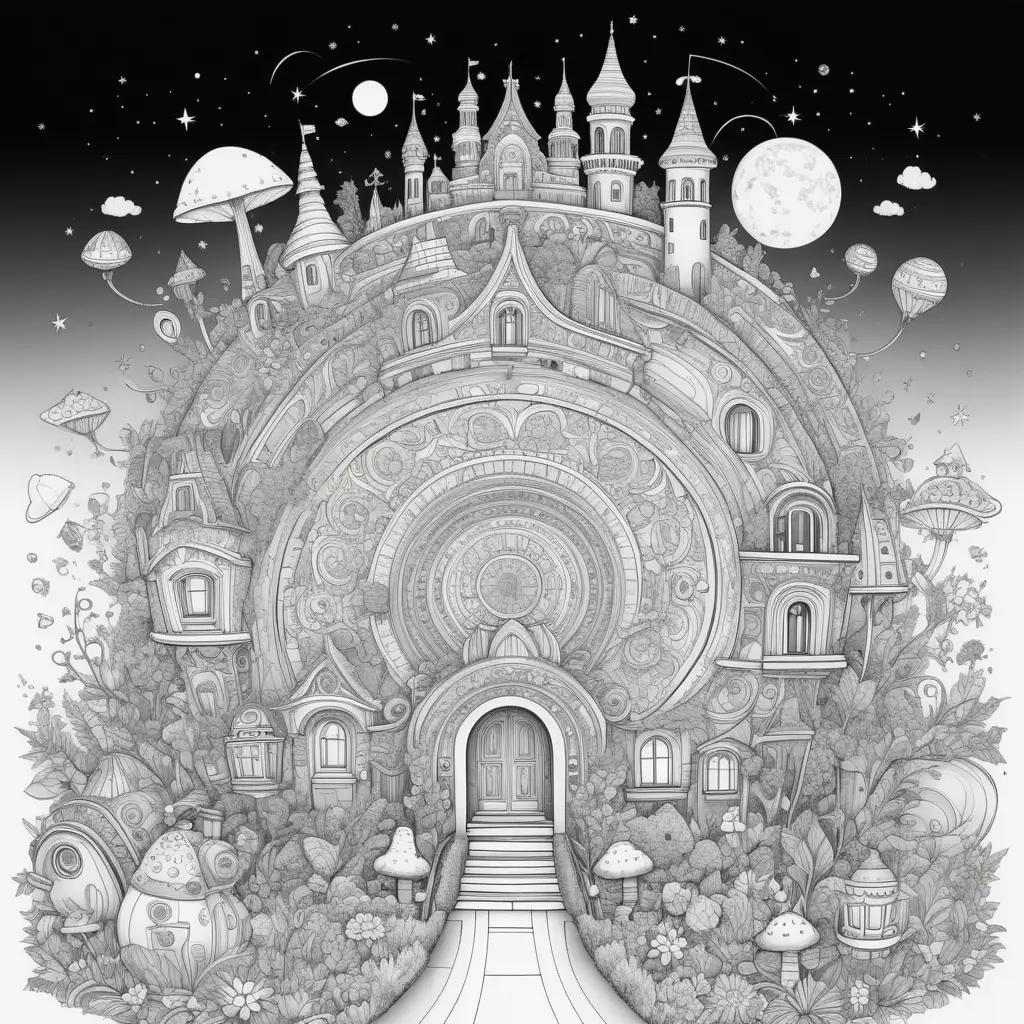 ong us color page: a black and white illustration of a magical castle