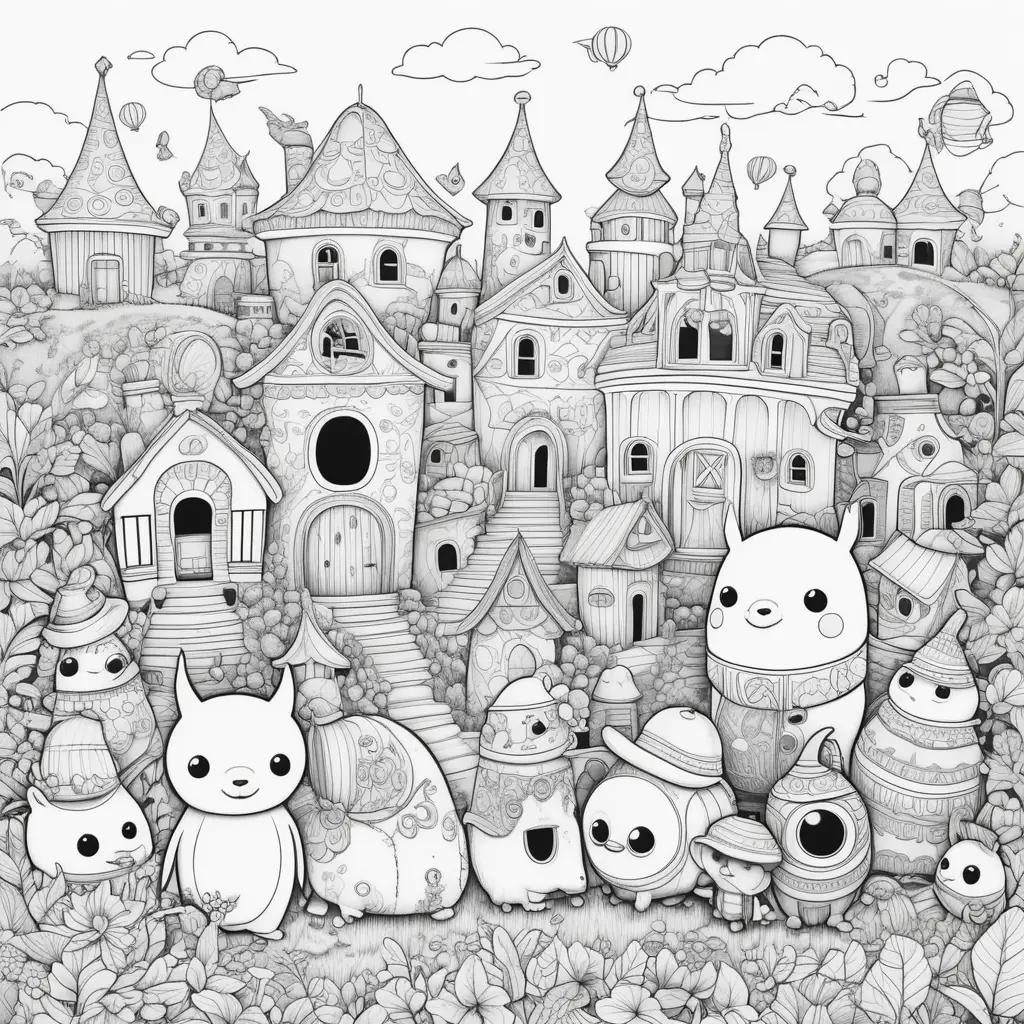 ong us coloring pages: adorable cartoon animals in a town