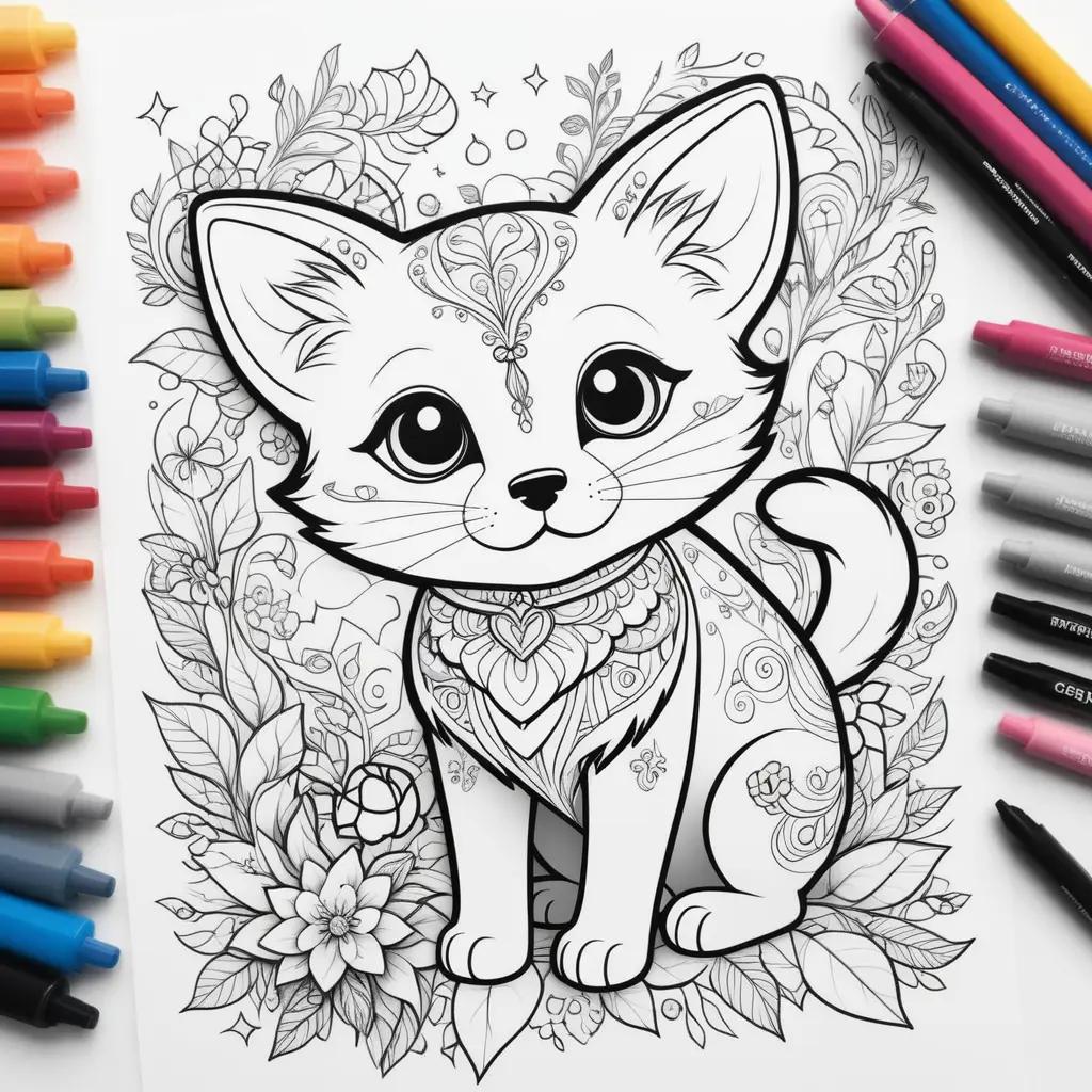 opt me coloring pages with a kitten surrounded by flowers and crayons