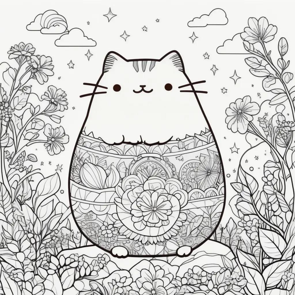 orable Pusheen Coloring Pages with a Cat and Flowers