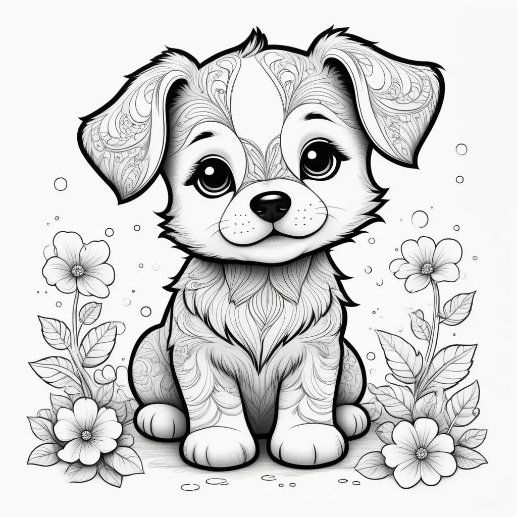 orable black and white puppy coloring page with flowers