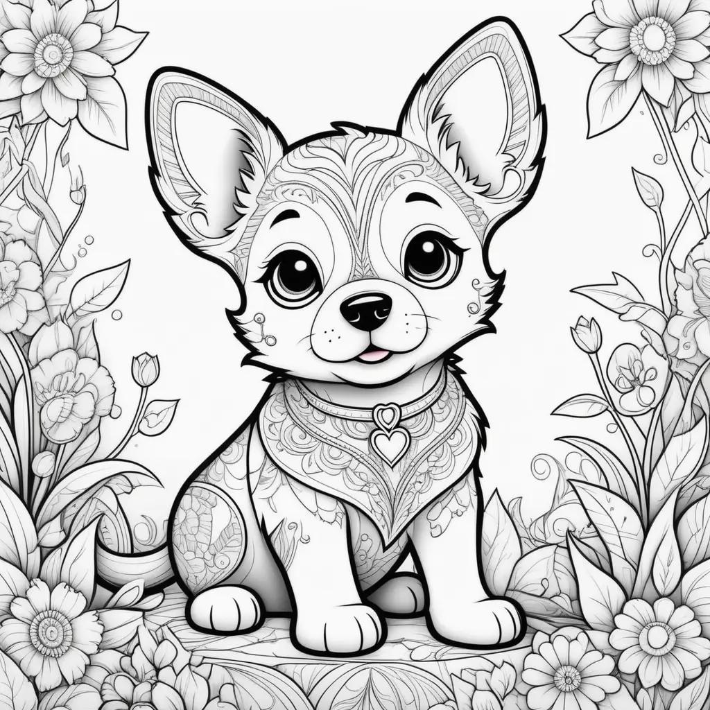 orable black and white puppy coloring pages with flowers