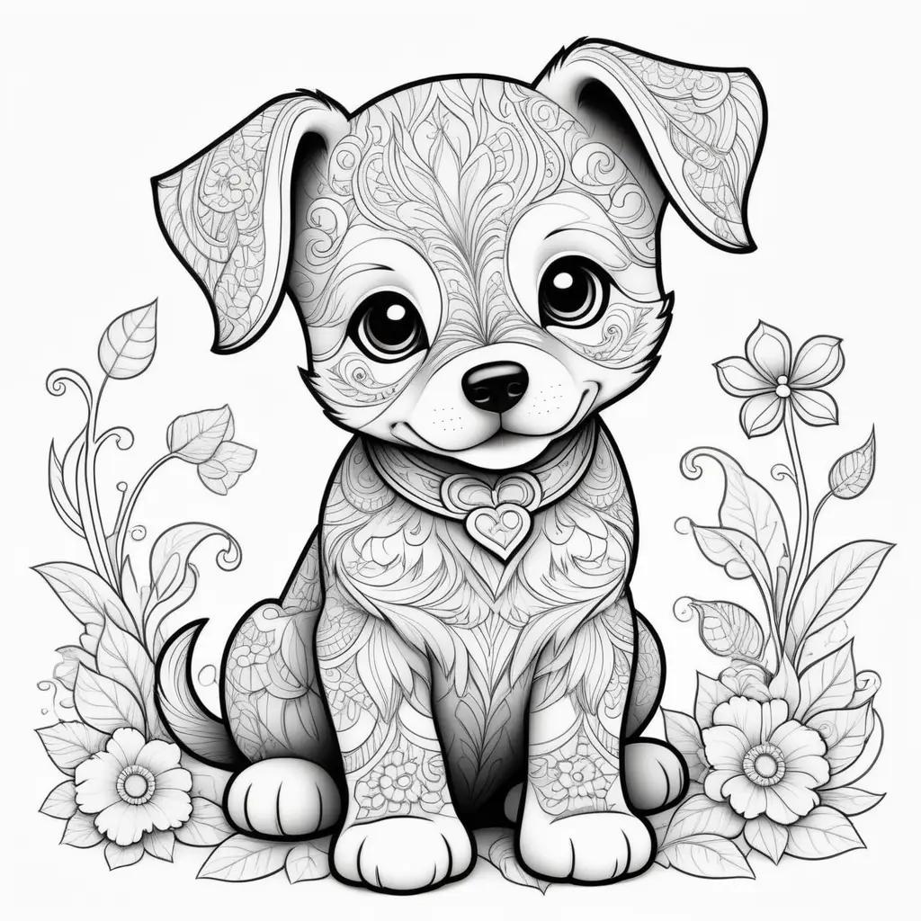 orable black and white puppy sitting in a floral setting