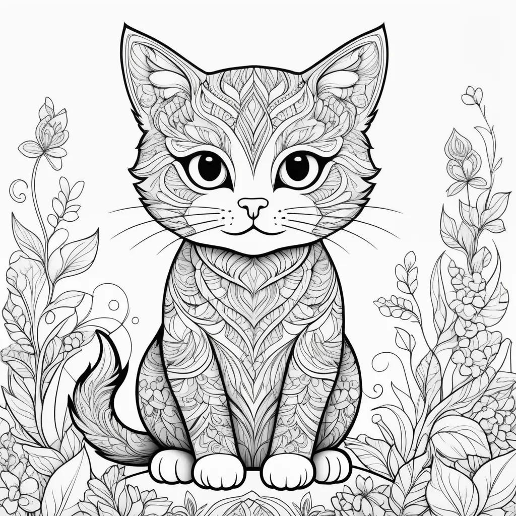 orable cat coloring page with flowers and leaves