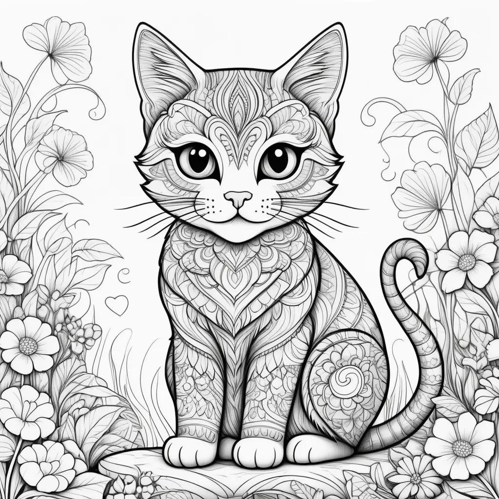 orable cat coloring page with flowers and leaves