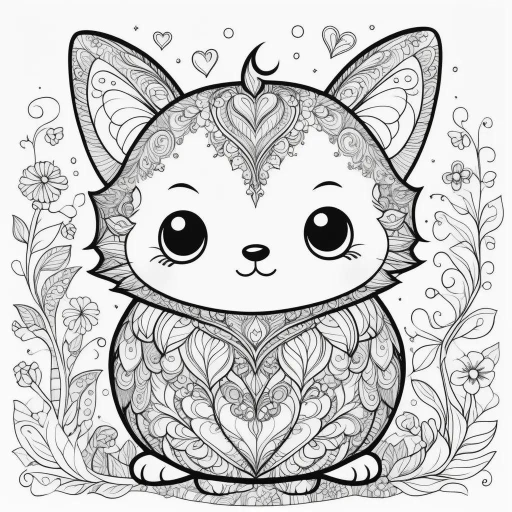 orable cat coloring page with hearts and flowers