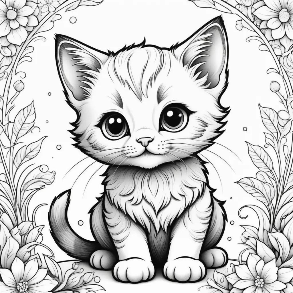 orable kitten coloring page with flowers and leaves