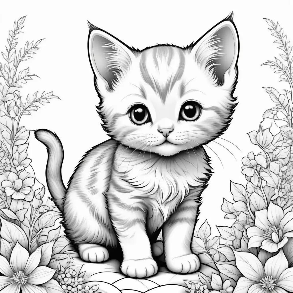 orable kitten coloring pages with flowers and leaves