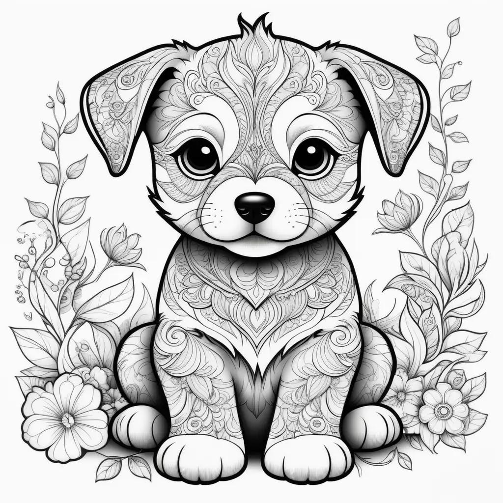 orable puppy sits in a floral arrangement in black and white coloring pages