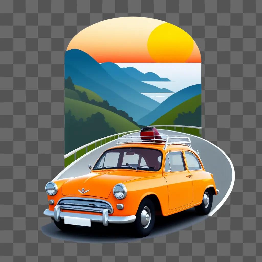 orange car drives down a scenic road with mountains in the background