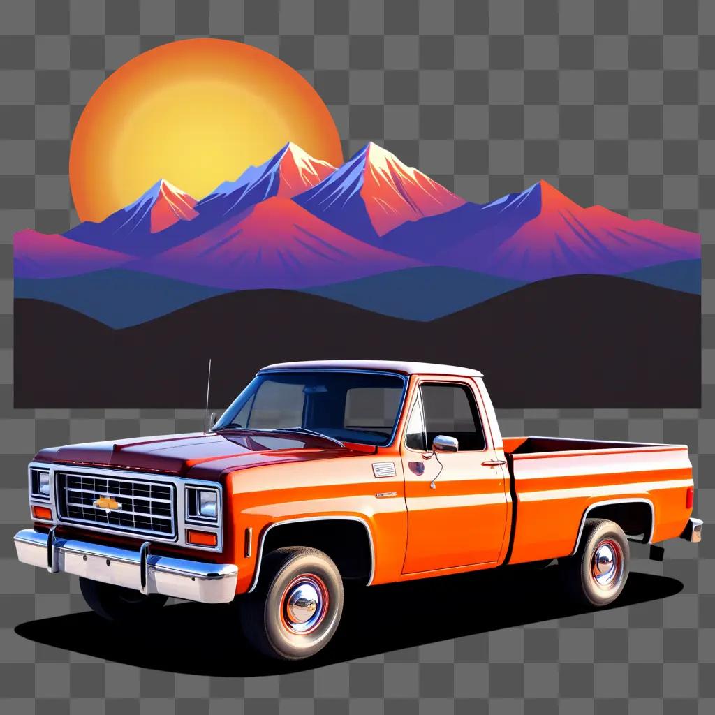 orange pickup truck in front of mountains and a sun