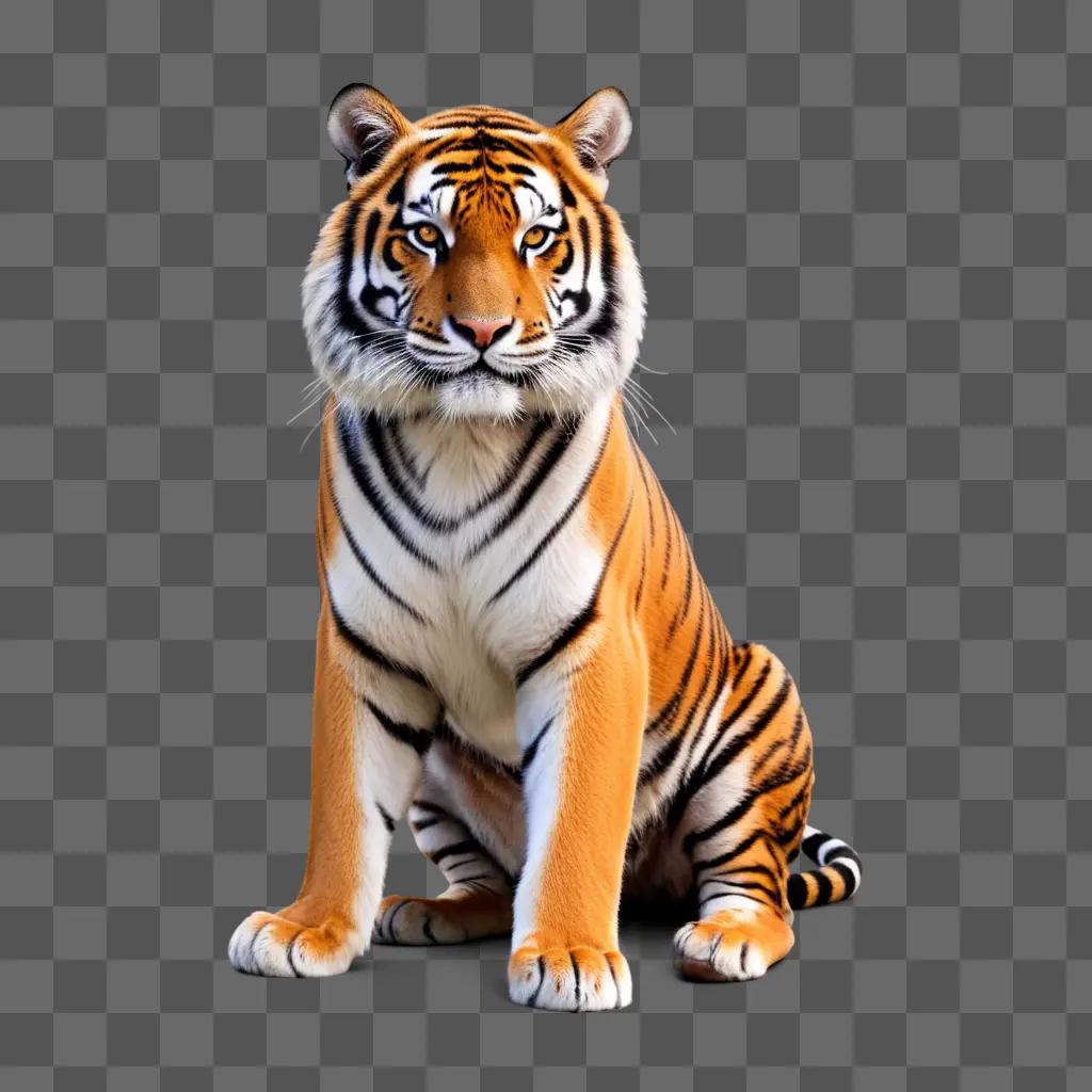 orange tiger with black stripes sits on a beige background