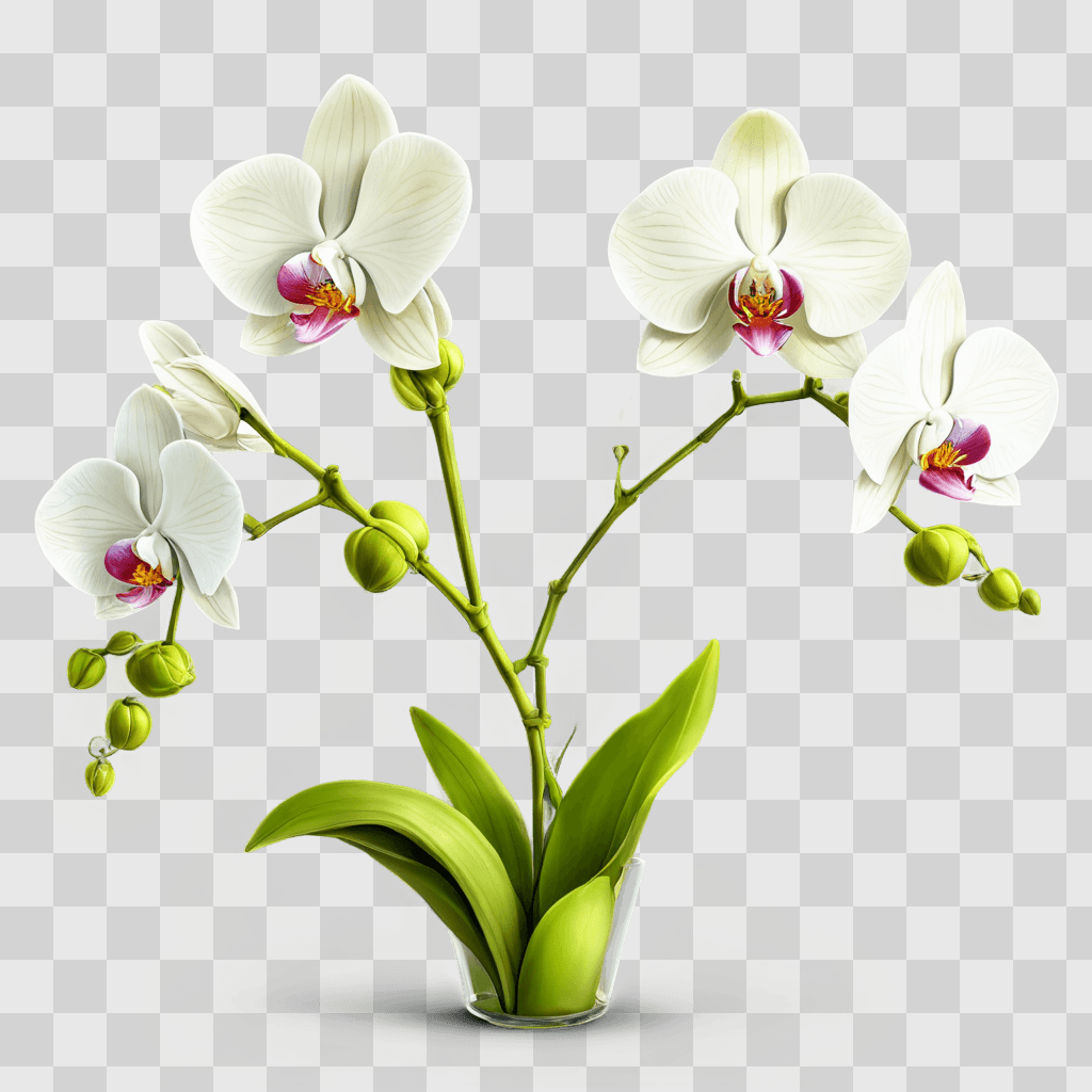 orchid flower drawing A vase of white orchid flowers with green leaves