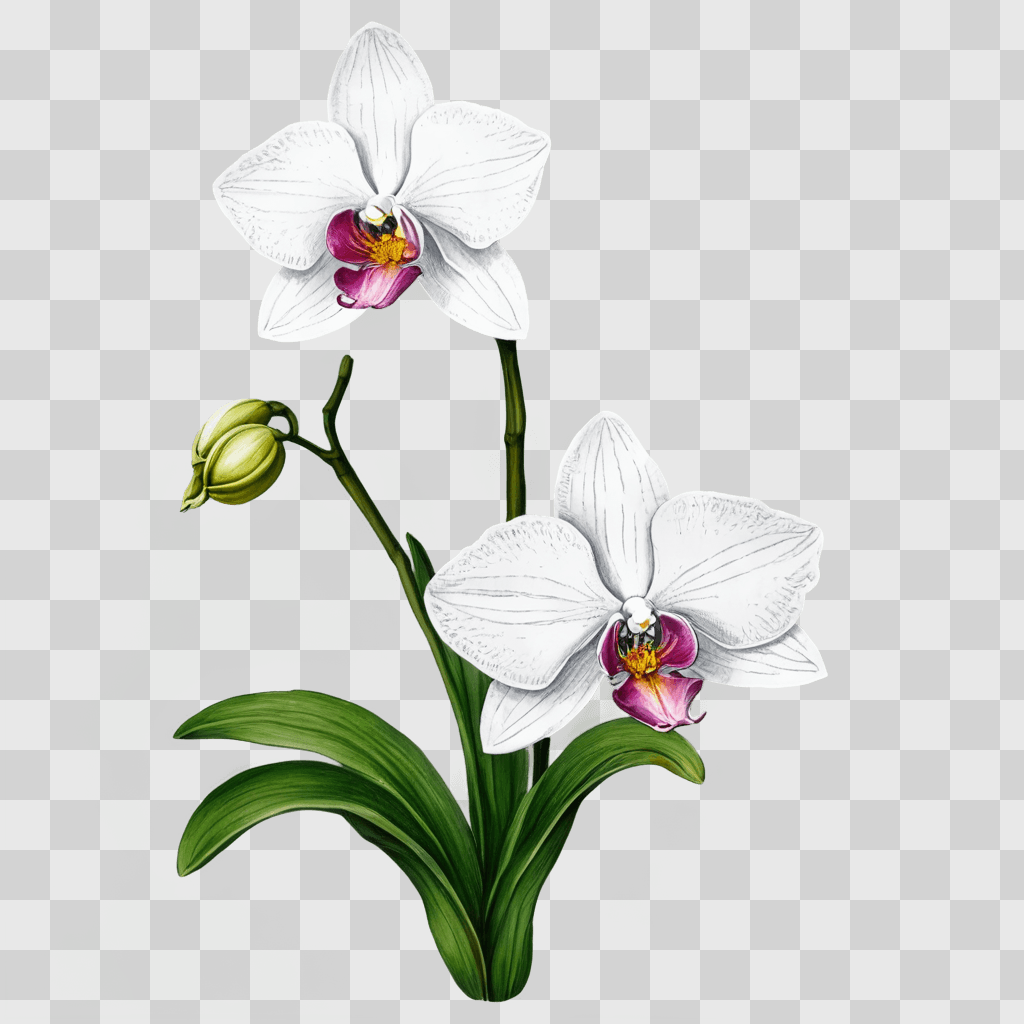 orchid flower drawing A white orchid with pink buds and green leaves