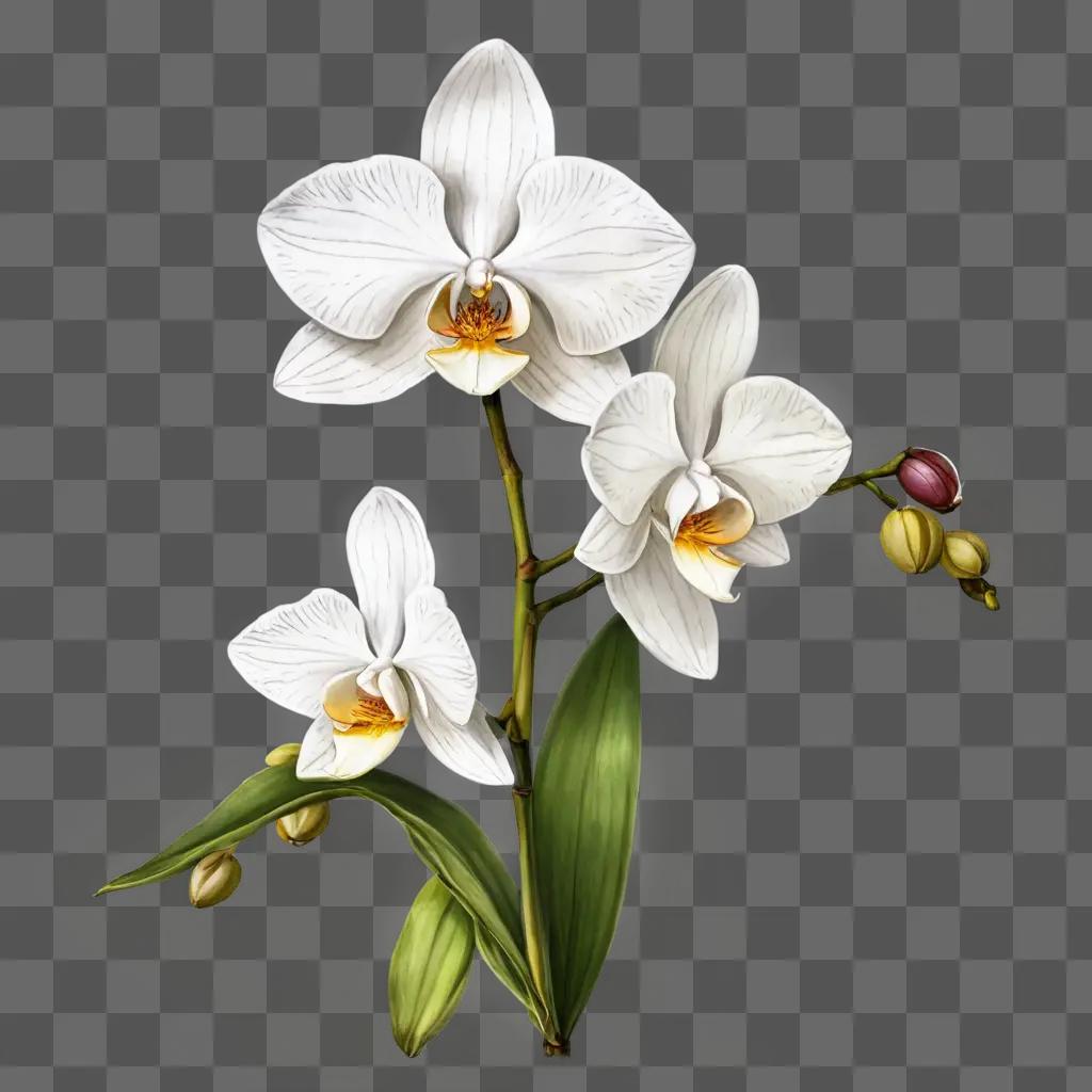 orchid flower drawing A white orchid with yellow stamens is in bloom