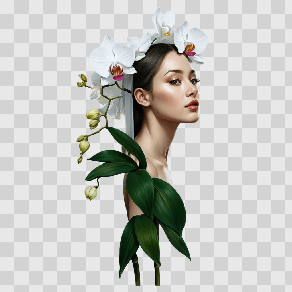 orchid flower drawing A woman with orchid flower crown and green leaves