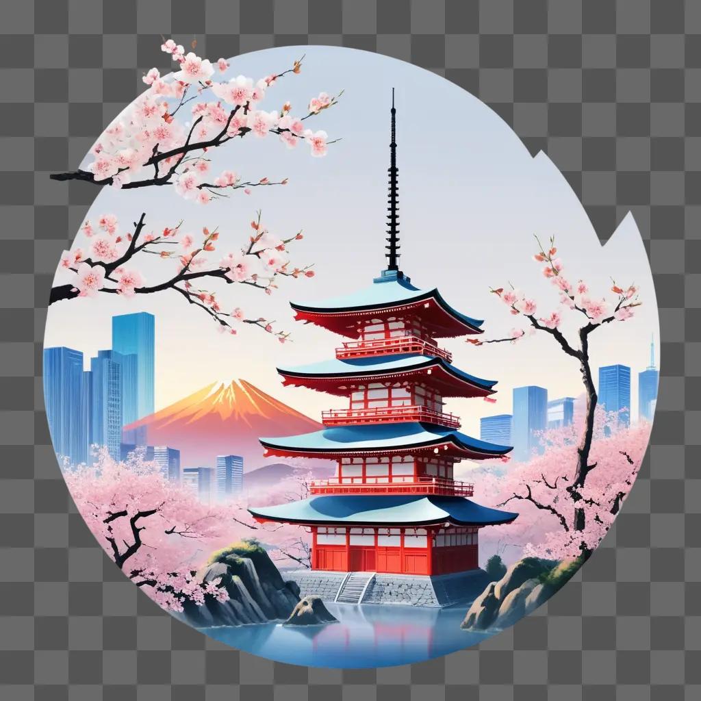 桜を背景にした東洋の寺院