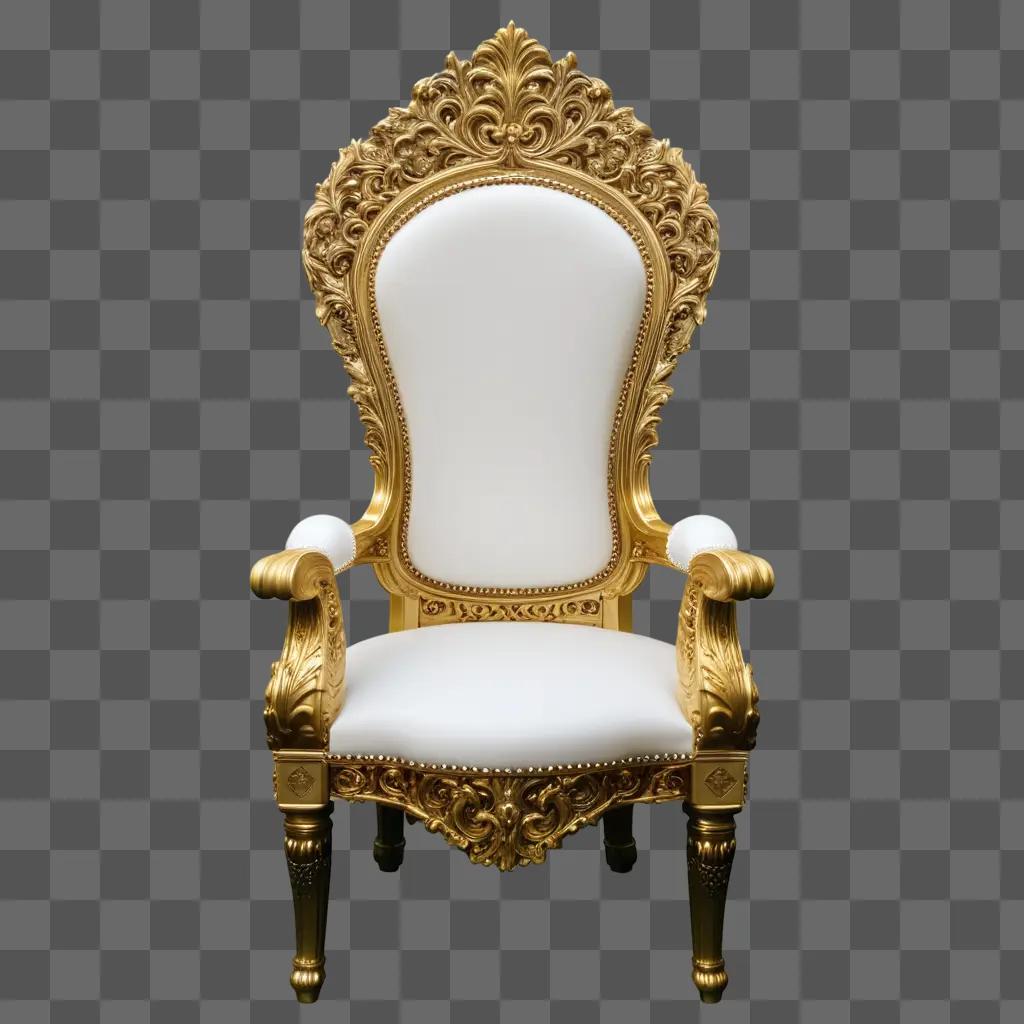 ornate chair in gold and white sits against a beige wall