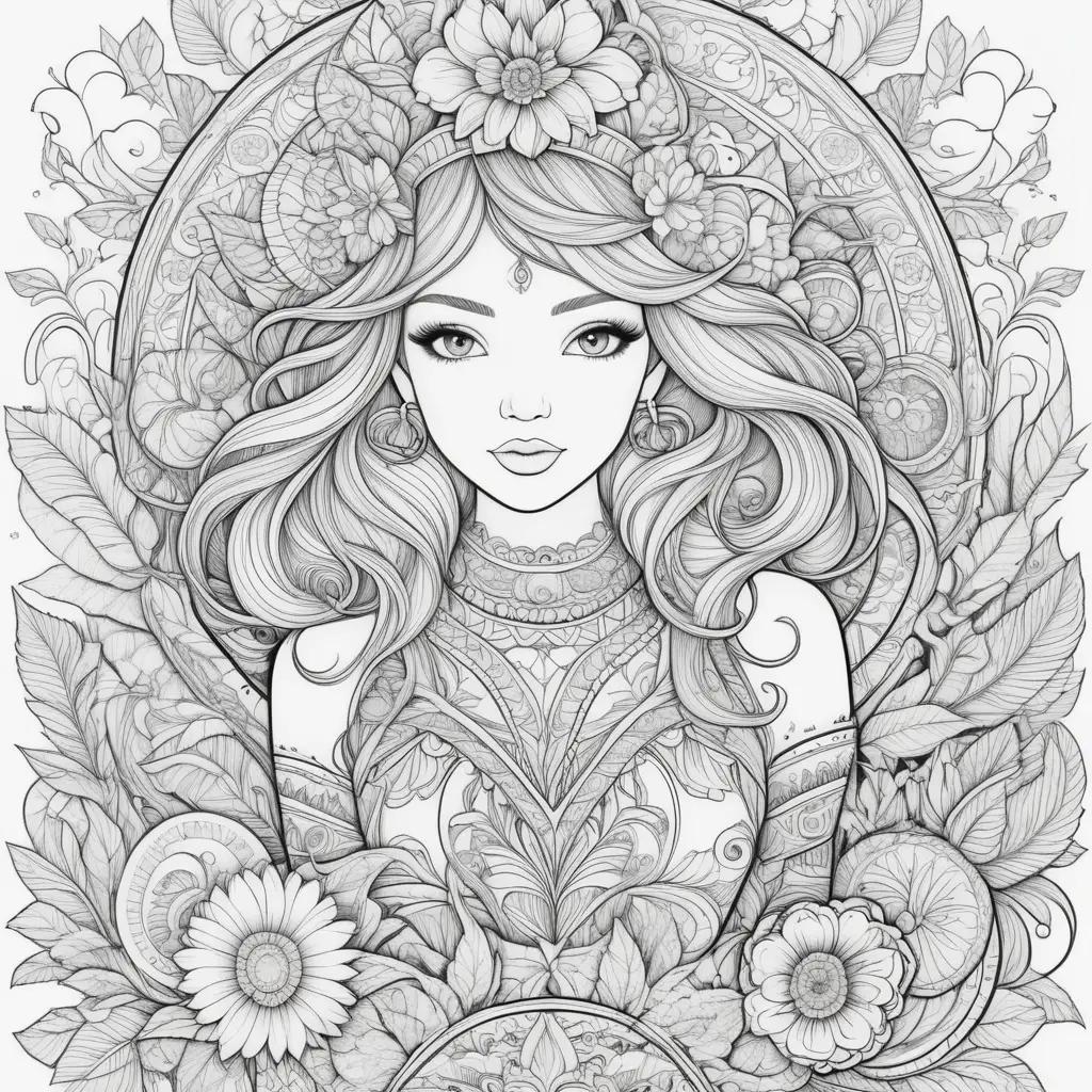 ornate coloring page featuring a woman surrounded by flowers and leaves