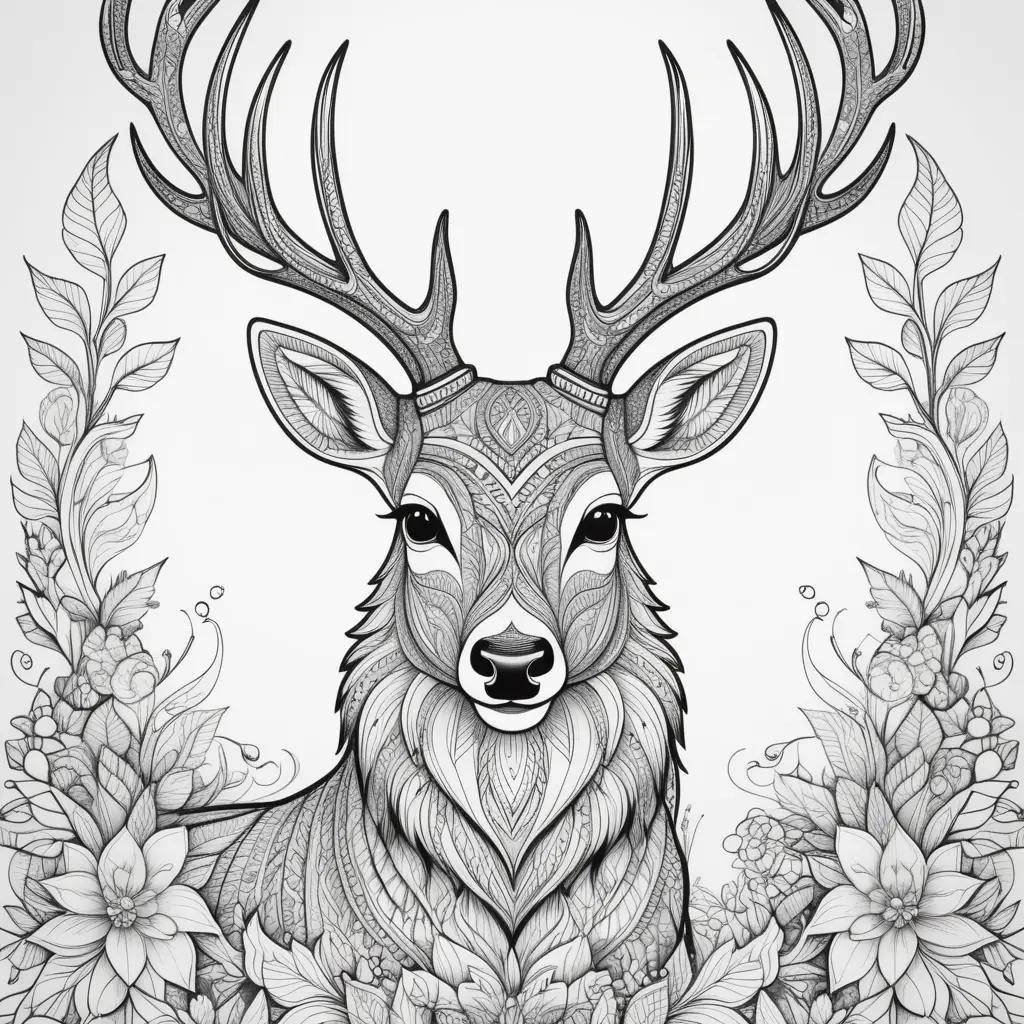 ornate deer coloring page with flowers and leaves